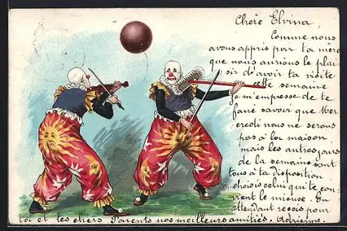 Künstler-Lithographie O. Roick: Clowns mit Ball und Geigen, Zirkus