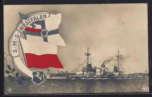 AK Kriegsschiff S.M.S. Westfalen auf See, Reichskriegsfahne und Wappen