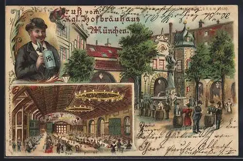Lithographie München, Königliches Hofbräuhaus, Neuer Hof und Saal, Leuchtende Kerzen bei Halt gegen das Licht