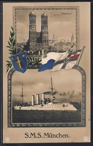AK Kriegsschiff S. M. S. München mit Reichskriegsfahne und Wappen, Blick auf die Frauenkirche