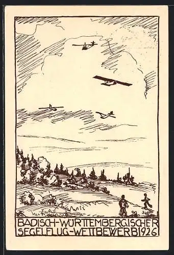 AK Ganzsache PP 81 C12 /02: Badisch-württembergischer Segelflugwettbewerb 1926, Segelflugzeuge in der Thermik