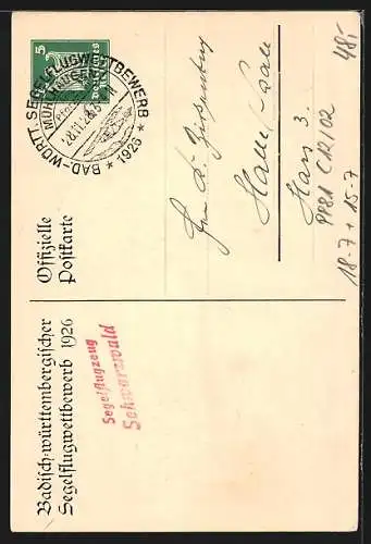 AK Ganzsache PP 81 C12 /02: Badisch-württembergischer Segelflugwettbewerb 1926, Segelflugzeuge in der Thermik