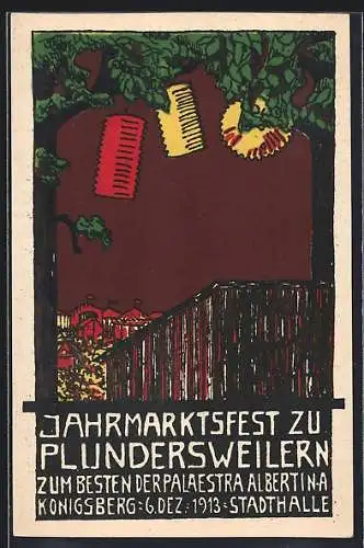Künstler-AK sign. Lisbeth Pelz, Kunstgew. Lehrwerkst. O. Ewel, Königsberg: Plundersweilern, Jahrmarktsfest, Palaestra A.