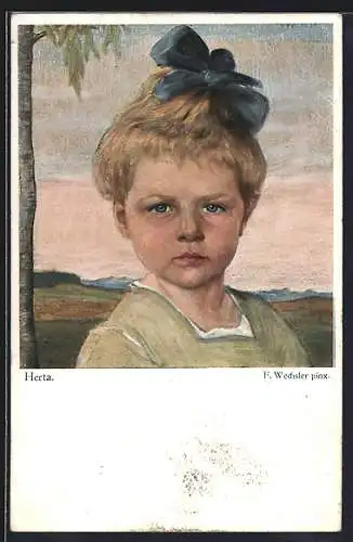 Künstler-AK sign. F. Wechsler: Herta mit blauer Schleife im Haar