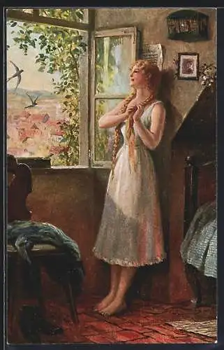 Künstler-AK H. Gitter: Schwalben, Mädchen am Fenster