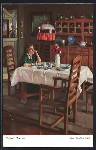 Künstler-AK sign. Rudolf Weber: Am Kaffeetisch