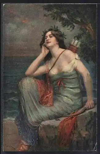 Künstler-AK sign. Prof. G. Papperitz: Diana, Am Strand mit Bogen in der Hand und Köcher auf dem Rücken