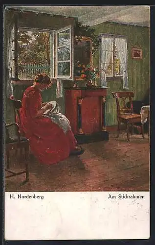Künstler-AK sign. H. Nordenberg: Am Stickrahmen