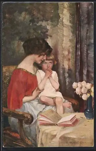 AK Mädchen sitzt auf Schoss der Mutter, Blumenstrauss