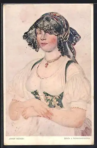 Künstler-AK sign. Josef Mánes: Devce z Nemeckobrodksa, Frauenporträt