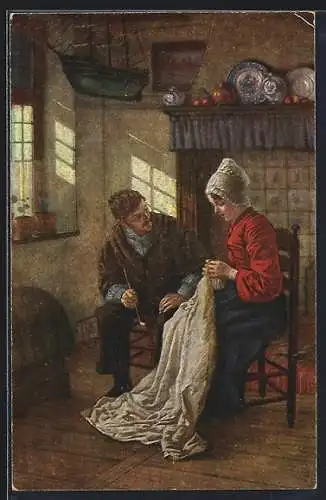 Künstler-AK sign. W. Firle: Schicksalsfrage, Paar in der Küche