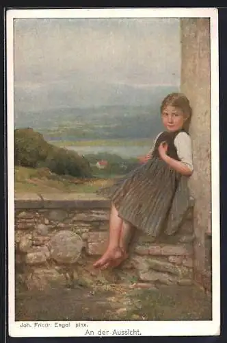 Künstler-AK sign. Joh. Friedr. Engel: An der Aussicht, Mädchen sitzt auf einer Steinmauer