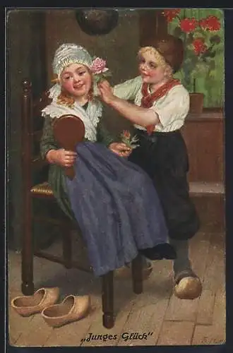 Künstler-AK sign. Th. Mattei: Junges Glück, Junge steckt Mädchen eine Blume an