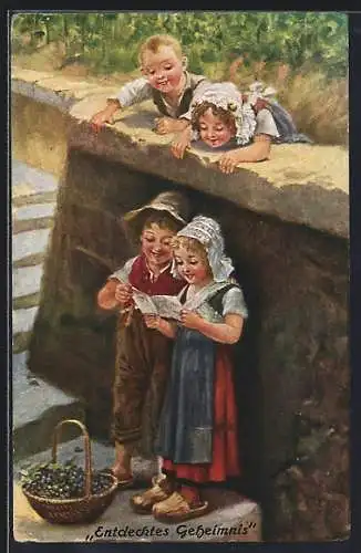 Künstler-AK sign. Prof. Hans W. Schmidt: Entdecktes Geheimnis, Zwei Kinder belauschen zwei andere Kinder