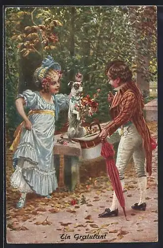 Künstler-AK Biedermeier, ein Gratulant, Hund aportiert Blumen, Mann grüsst junge Dame