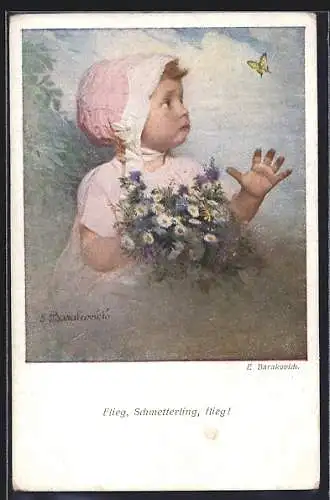 Künstler-AK sign. E. Barakovich: Kindchen mit rosa Haube und Blümchen