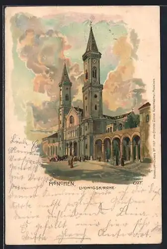 Lithographie München, Blick auf die Ludwigskirche