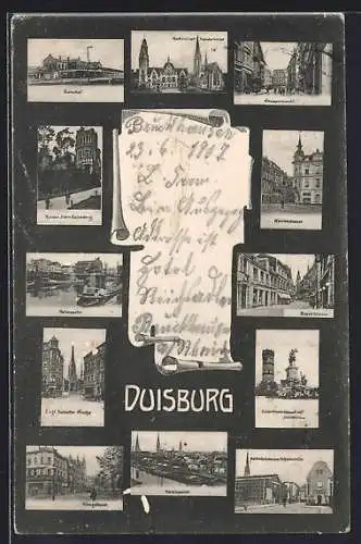 AK Duisburg, Bahnhof, Rathaus und Strassenpartien