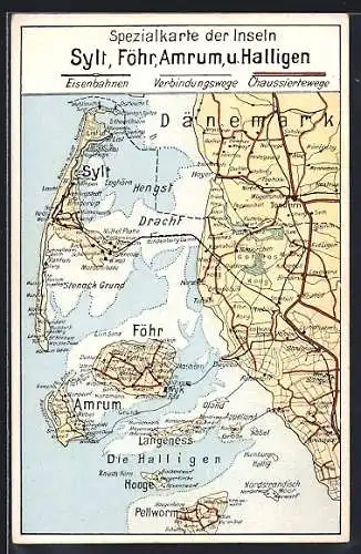 AK Sylt, Landkarte der Inseln Sylt, Föhr, Amrum und Halligen
