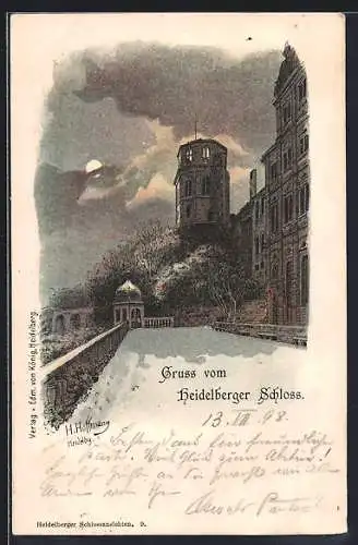 Lithographie Heidelberg / Neckar, Schlossansicht bei Nacht