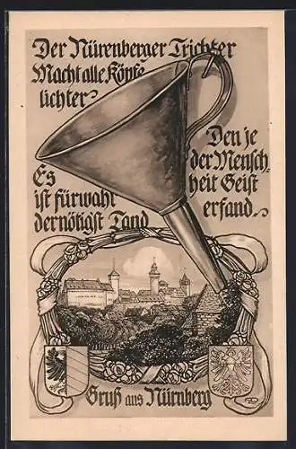 Künstler-AK Nürnberg, Nürnberger Trichter mit Stadtansicht