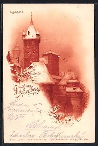 Lithographie Nürnberg, Luginsland und Burgansicht