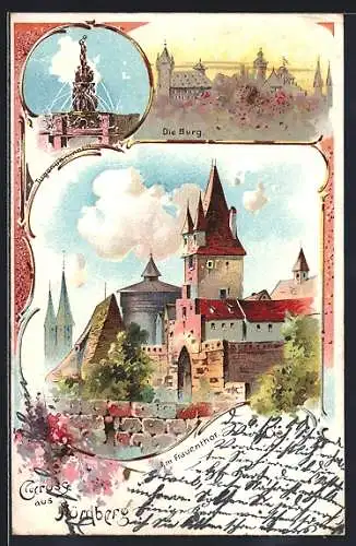 Lithographie Nürnberg, Burg und Frauentor
