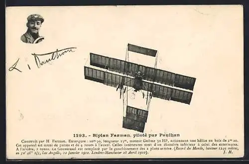 AK Biplan Farmen et piloté par Paulhan, Flugzeugpionier und seine Flugzeug
