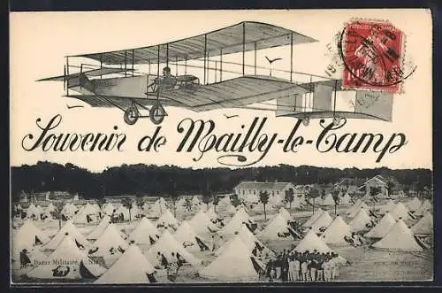 AK Mailly-le-Camp, Flugzeug über dem Lager