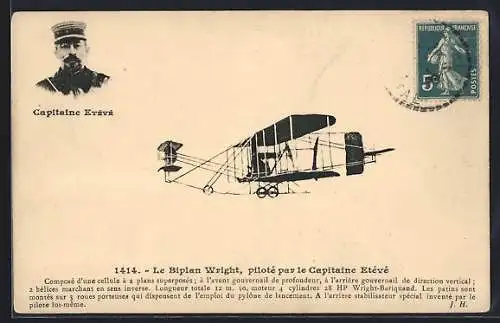 AK Le Biplan Wright, piloté par le Capitaine Etévé, Flugzeug