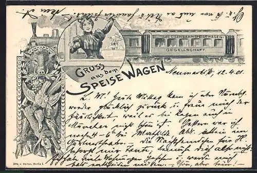 Lithographie Speisewagen der Deutschen-Eisenbahn-Speisewagen-Gesellschaft