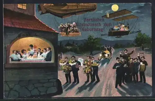 AK Zeppelin mit Geburtstagsblumen