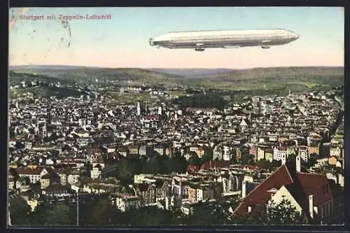 AK Stuttgart, Zeppelin-Luftschiff über der Stadt