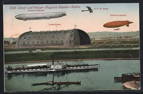 AK Dresden-Kaditz, Städt. Land- & Wasser-Flugplatz mit Zeppelin-Luftschiff, D.-F.-W.-Taube