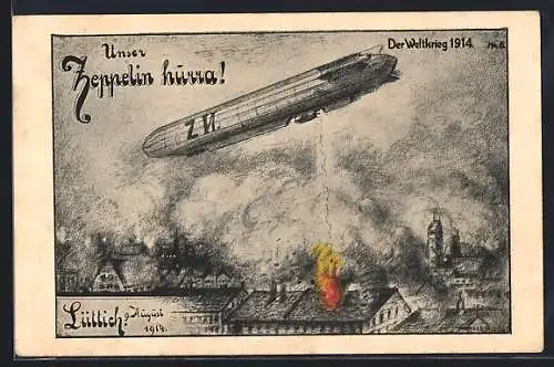 AK Zeppelin bombardiert Lüttich, 9. August 1914, 1. Weltkrieg