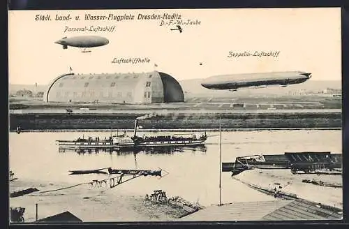 AK Städt. Land- und Wasser-Flugplatz Dresden-Kaditz, Parseval-Luftschiff, Luftschiffhalle, Zeppelin-Luftschiff