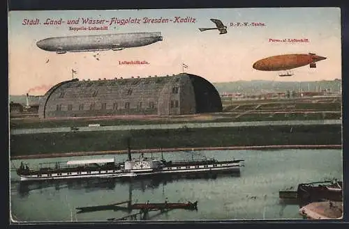 AK Dresden-Kaditz, Städt. Land- & Wasser-Flugplatz mit Zeppelin-Luftschiff, D.-F.-W.-Taube