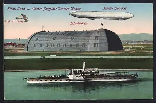 AK Dresden-Kaditz, Luftschiffhalle auf dem städtischen Land- und Wasserflugplatz, Luftschiff Zeppelin