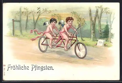 Lithographie Engel auf einem Tandem-Fahrrad