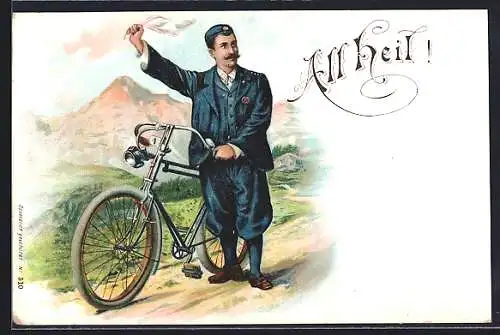 Lithographie Mann neben seinem Fahrrad