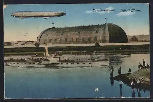 AK Dresden-Kaditz, Zeppelin über der Luftschiffhalle, Dampfer Habsburg passiert die Halle