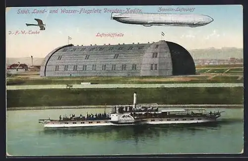 AK Dresden-Kaditz, Luftschiffhalle auf dem städtischen Land- und Wasserflugplatz, Luftschiff Zeppelin
