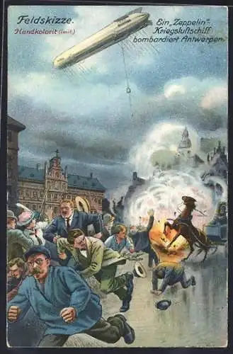 AK Antwerpen, Ein Zeppelin-Kriegsluftschiff bombardiert die Stadt
