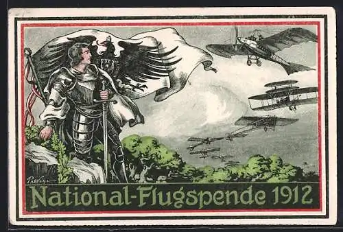 AK National-Flugspende 1912, Prinz Heinrich v. Preussen in Rüstung mit versch. Flugzeugmodellen