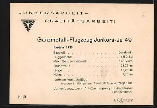 AK Flugzeug Junkers-Ju 49 auf Rollfeld