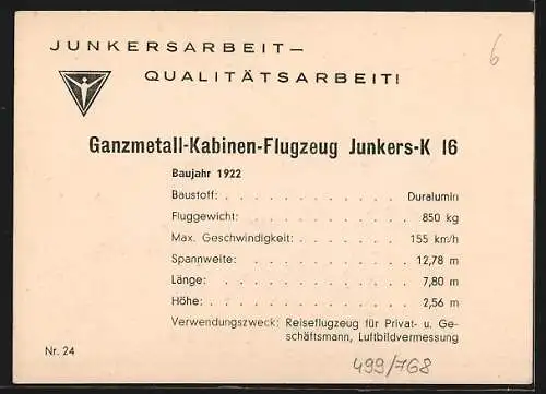 AK Ganzmetall-Kabinen-Flugzeug Junkers-K 16