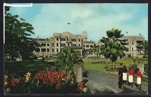 AK Suva /Fiji, Government Buildings, Two Police Officers and Two Soldiers in their Uniforms