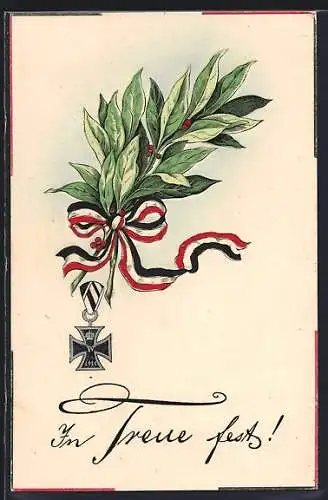 AK Eisernes Kreuz und Reichsfahne mit Lorbeerzweig