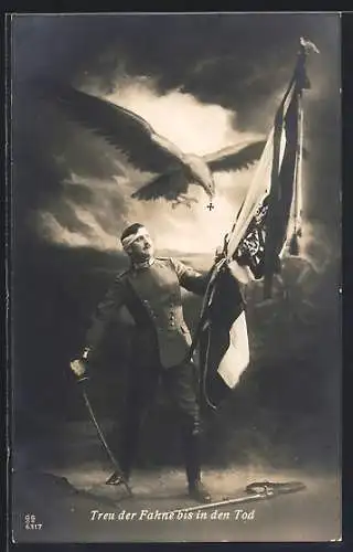AK Soldat verteidigt die Reichskriegsflagge, Adler mit Eisernem Kreuz, Treu der Fahne bis in den Tod