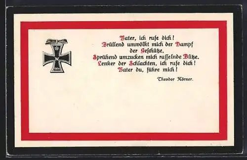 AK Eisernes Kreuz gerahmt von Reichsfahne, Zitat von Theodor Körner
